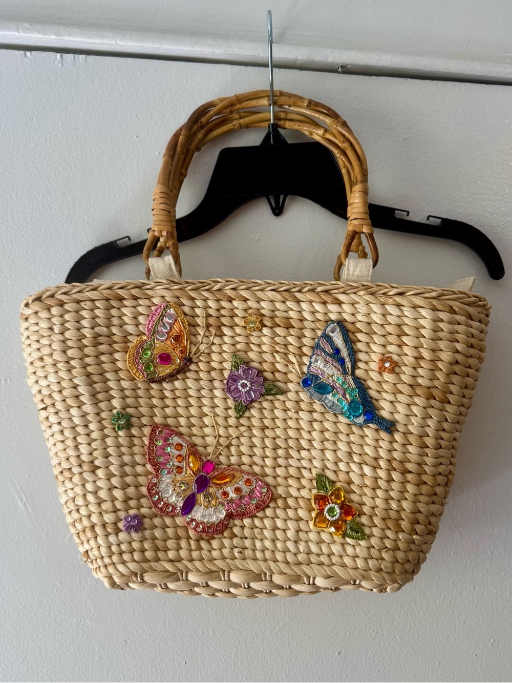 Cappelli Straworld Natural Straw Tote Colorful Embellished Butterflies 15x9” - Picture 16 of 16
